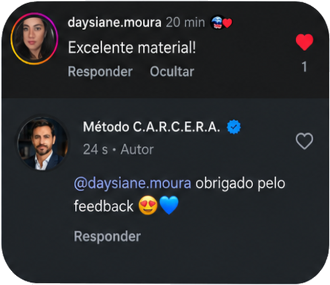 Comentário de aluna no Instagram dizendo excelente material.
