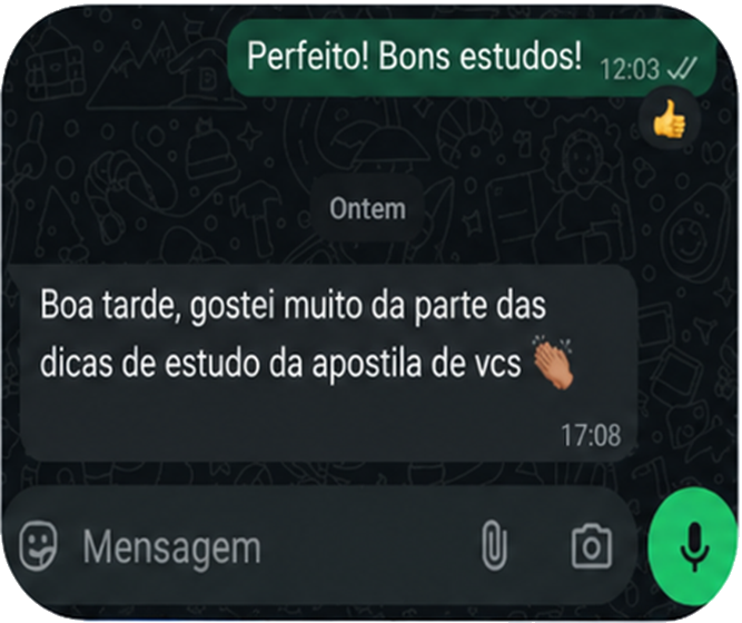 Feedback de aluno pelo WhatsApp sobre dicas de estudo da apostila.